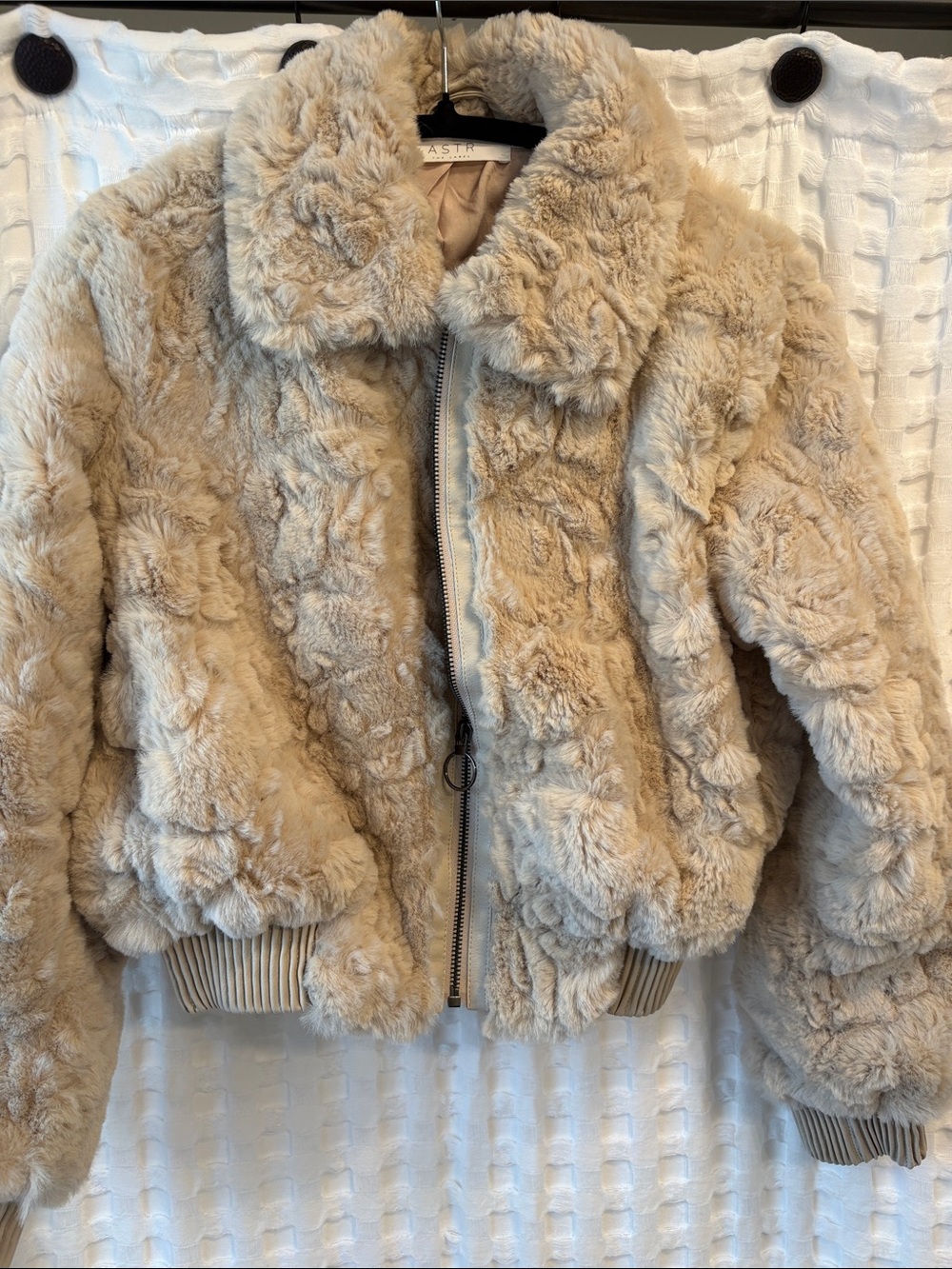 Astr Plush Faux Fur Bomber Jacket in Beige